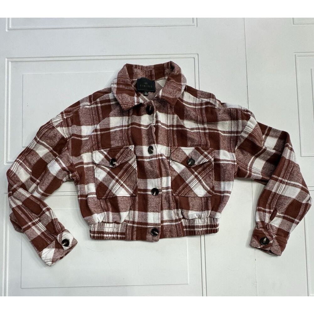 Timing Crop Top Brown Button Down Flannel Shacket Jacket Sz L Elastic Waist